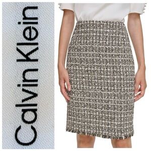 Calvin Klein Skirt Boucle Knit Zipper Fringe Pencil Black Cream Gold 14P NWT